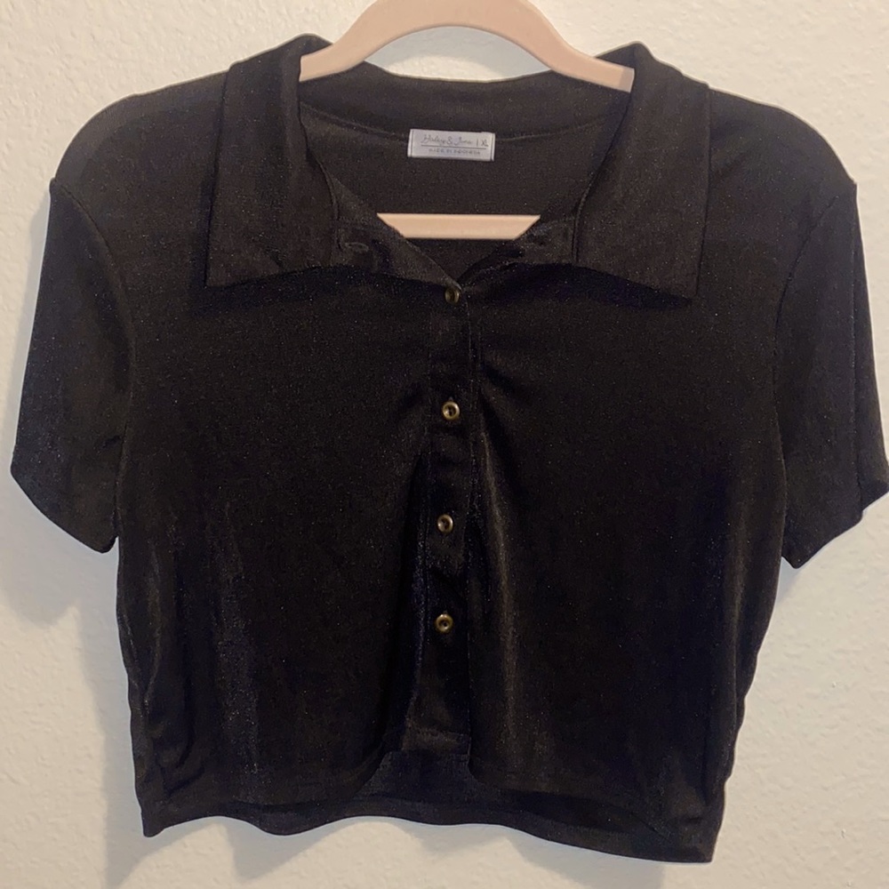 Sparkly Black Collar Crop Top